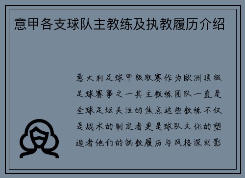 意甲各支球队主教练及执教履历介绍