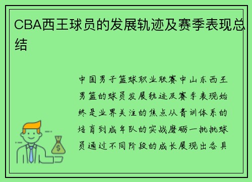 CBA西王球员的发展轨迹及赛季表现总结
